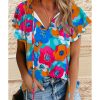 Azura Exchange Floral Print Drawstring V Neck Short Sleeve Blouse – M