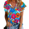 Azura Exchange Floral Print Drawstring V Neck Short Sleeve Blouse – M