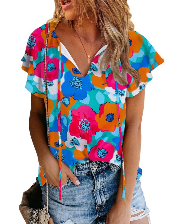 Azura Exchange Floral Print Drawstring V Neck Short Sleeve Blouse – M