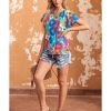 Azura Exchange Floral Print Drawstring V Neck Short Sleeve Blouse – M