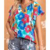 Azura Exchange Floral Print Drawstring V Neck Short Sleeve Blouse – M