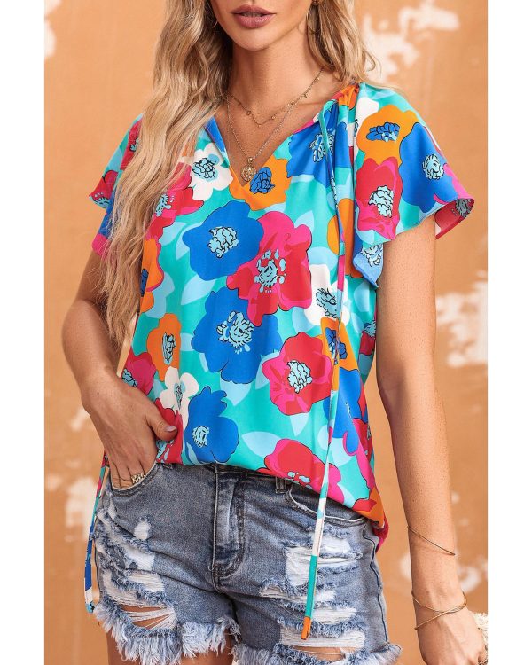 Azura Exchange Floral Print Drawstring V Neck Short Sleeve Blouse – M