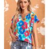 Azura Exchange Floral Print Drawstring V Neck Short Sleeve Blouse – M