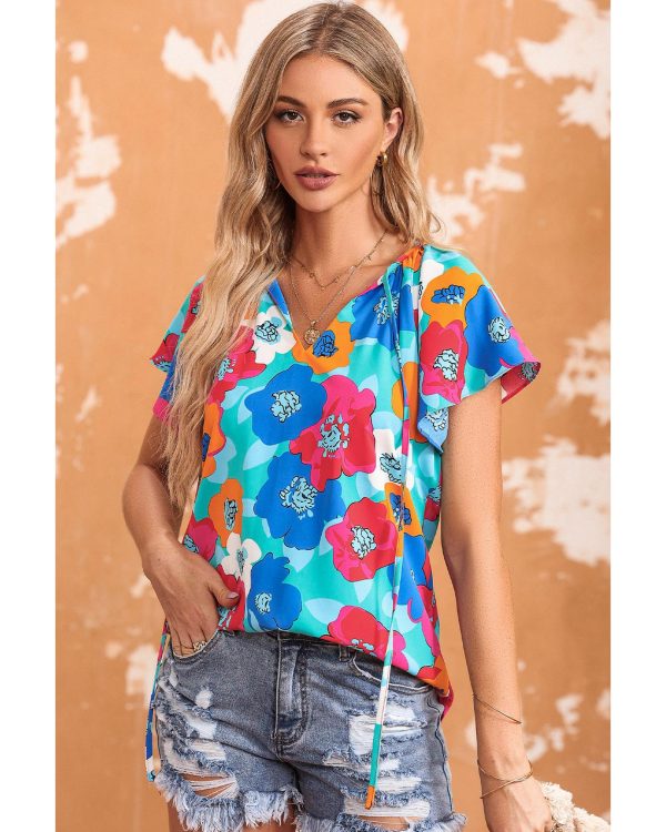 Azura Exchange Floral Print Drawstring V Neck Short Sleeve Blouse – M