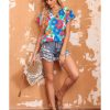 Azura Exchange Floral Print Drawstring V Neck Short Sleeve Blouse – M