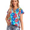 Azura Exchange Floral Print Drawstring V Neck Short Sleeve Blouse – M