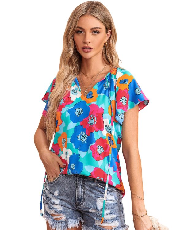 Azura Exchange Floral Print Drawstring V Neck Short Sleeve Blouse – M