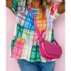 Azura Exchange Bold Plaid Color Block Puff Sleeve Peplum Top – L