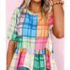 Azura Exchange Bold Plaid Color Block Puff Sleeve Peplum Top – L