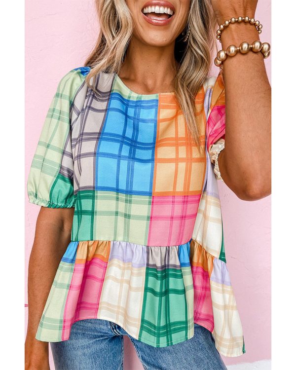 Azura Exchange Bold Plaid Color Block Puff Sleeve Peplum Top – L