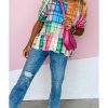 Azura Exchange Bold Plaid Color Block Puff Sleeve Peplum Top – L