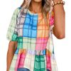 Azura Exchange Bold Plaid Color Block Puff Sleeve Peplum Top – L