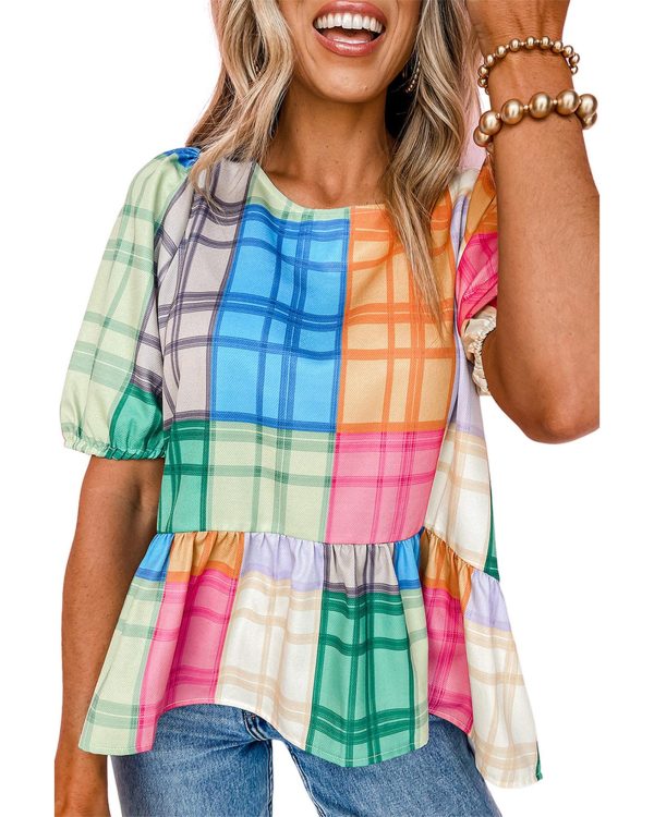 Azura Exchange Bold Plaid Color Block Puff Sleeve Peplum Top – L