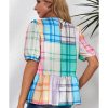 Azura Exchange Bold Plaid Color Block Puff Sleeve Peplum Top – L