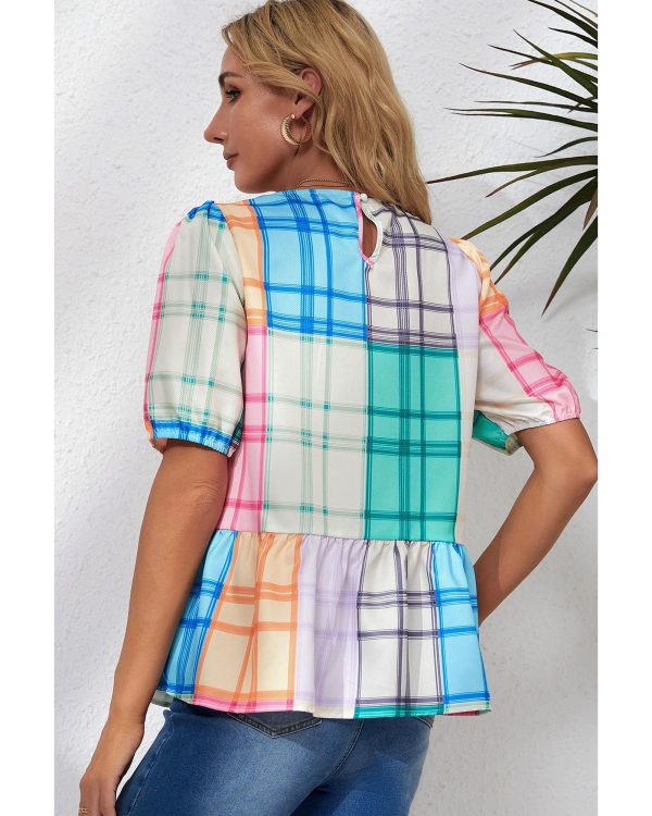 Azura Exchange Bold Plaid Color Block Puff Sleeve Peplum Top – L