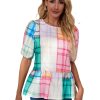 Azura Exchange Bold Plaid Color Block Puff Sleeve Peplum Top – L