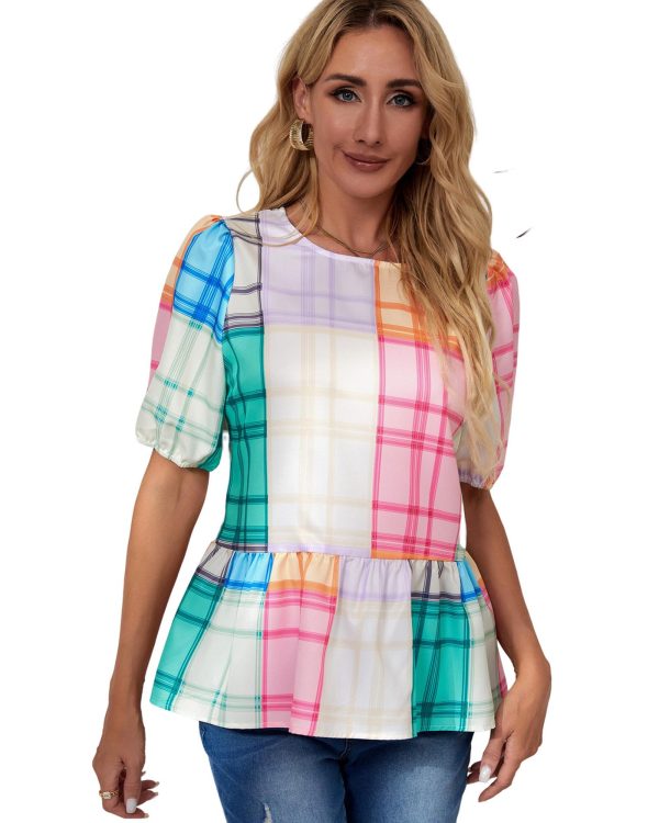 Azura Exchange Bold Plaid Color Block Puff Sleeve Peplum Top – L