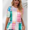 Azura Exchange Bold Plaid Color Block Puff Sleeve Peplum Top – L