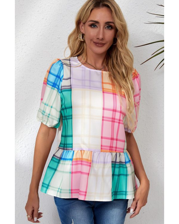 Azura Exchange Bold Plaid Color Block Puff Sleeve Peplum Top – L