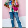 Azura Exchange Bold Plaid Color Block Puff Sleeve Peplum Top – L