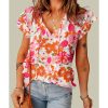 Azura Exchange Floral Ruffle Sleeve Blouse with Split V-Neck – L