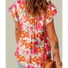 Azura Exchange Floral Ruffle Sleeve Blouse with Split V-Neck – L