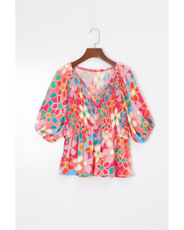 Azura Exchange Flower Print Puff Sleeve Peplum Top – L