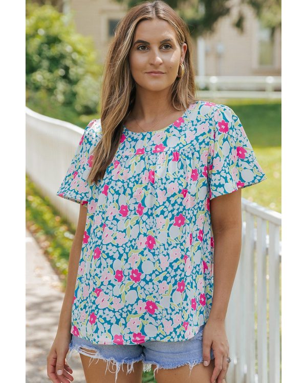 Azura Exchange O-Neck Short Sleeve Floral Print Babydoll Blouse – L