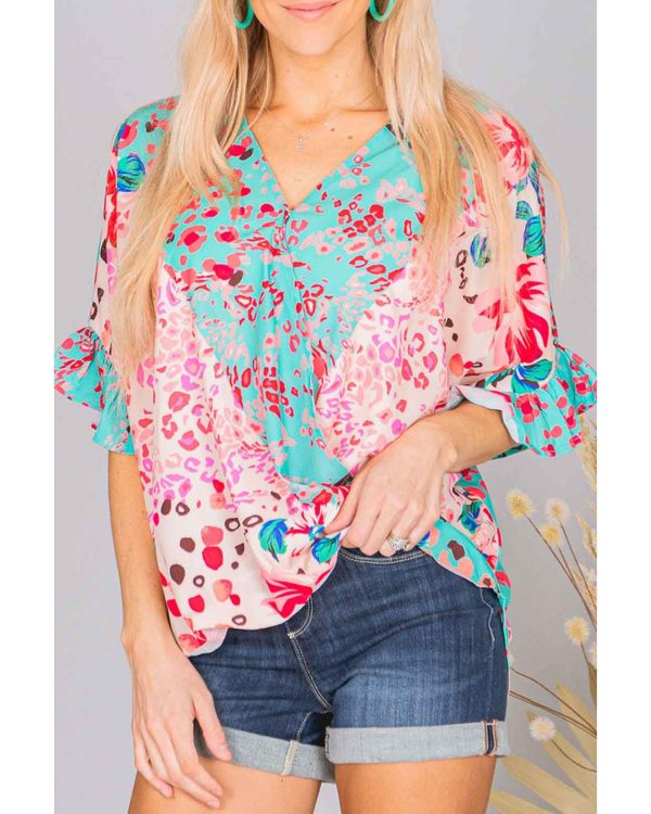 Azura Exchange Leopard Floral Mixed Print Ruffle Sleeve Blouse – L