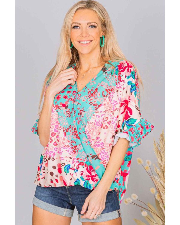 Azura Exchange Leopard Floral Mixed Print Ruffle Sleeve Blouse – L