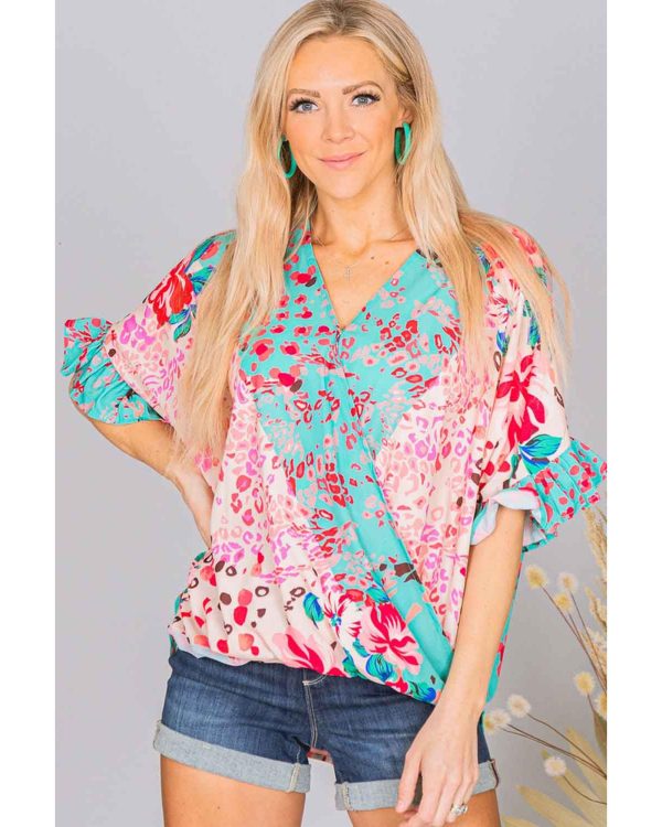 Azura Exchange Leopard Floral Mixed Print Ruffle Sleeve Blouse – L