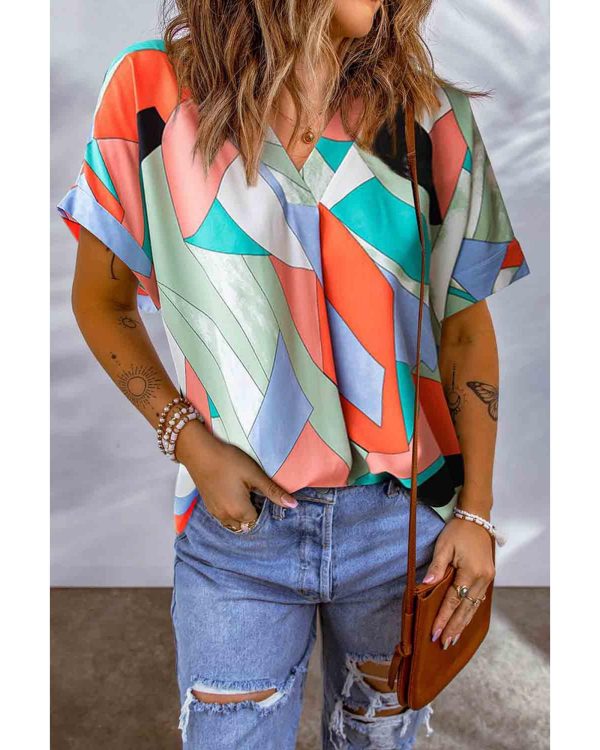 Azura Exchange Irregular Color Block Printed Short Sleeve Blouse – M