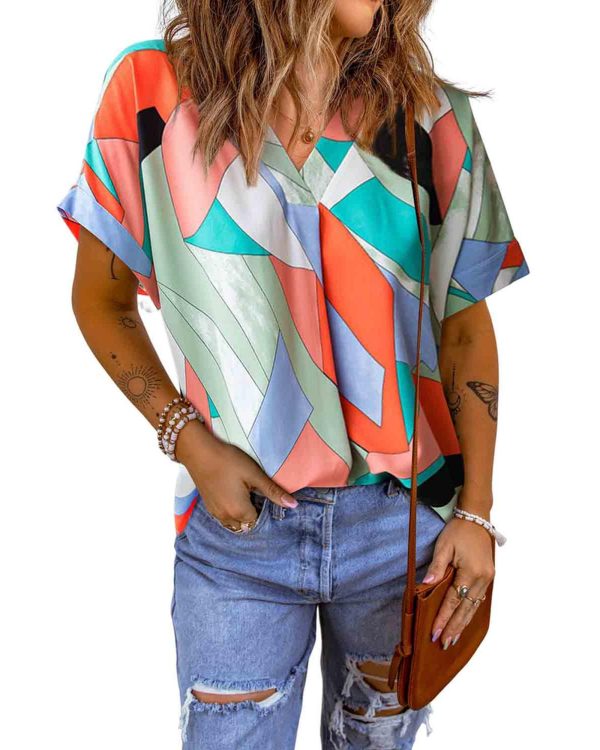 Azura Exchange Irregular Color Block Printed Short Sleeve Blouse – M