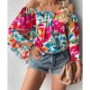 Azura Exchange Floral Print Off Shoulder Wide Sleeve Blouse – L