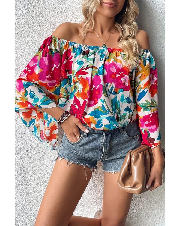 Azura Exchange Floral Print Off Shoulder Wide Sleeve Blouse – L