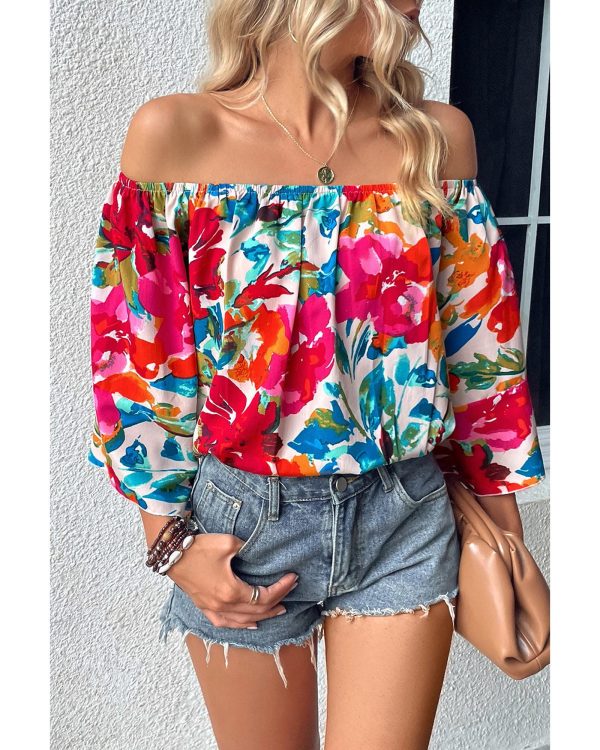 Azura Exchange Floral Print Off Shoulder Wide Sleeve Blouse – L