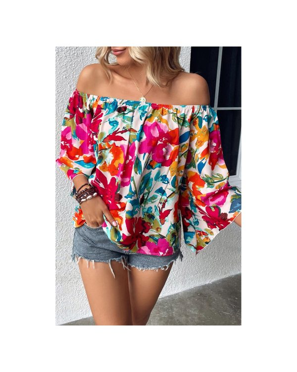 Azura Exchange Floral Print Off Shoulder Wide Sleeve Blouse – L