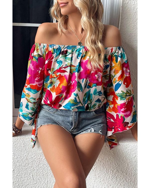 Azura Exchange Floral Print Off Shoulder Wide Sleeve Blouse – L