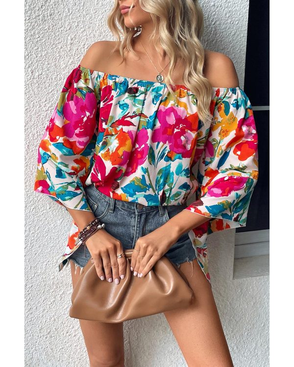 Azura Exchange Floral Print Off Shoulder Wide Sleeve Blouse – L