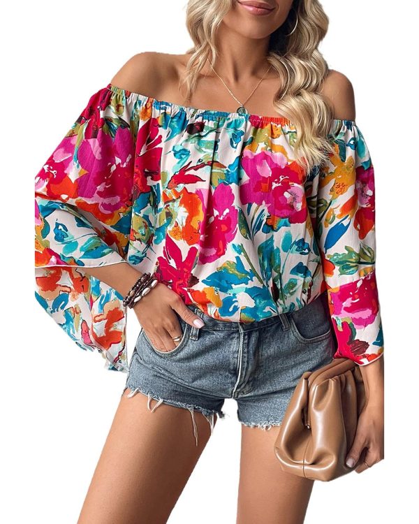 Azura Exchange Floral Print Off Shoulder Wide Sleeve Blouse – L