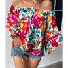 Azura Exchange Floral Print Off Shoulder Wide Sleeve Blouse – L