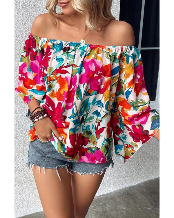 Azura Exchange Floral Print Off Shoulder Wide Sleeve Blouse – L