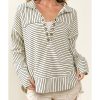 Azura Exchange Striped Thumbhole Drop Shoulder V Neck Top – L