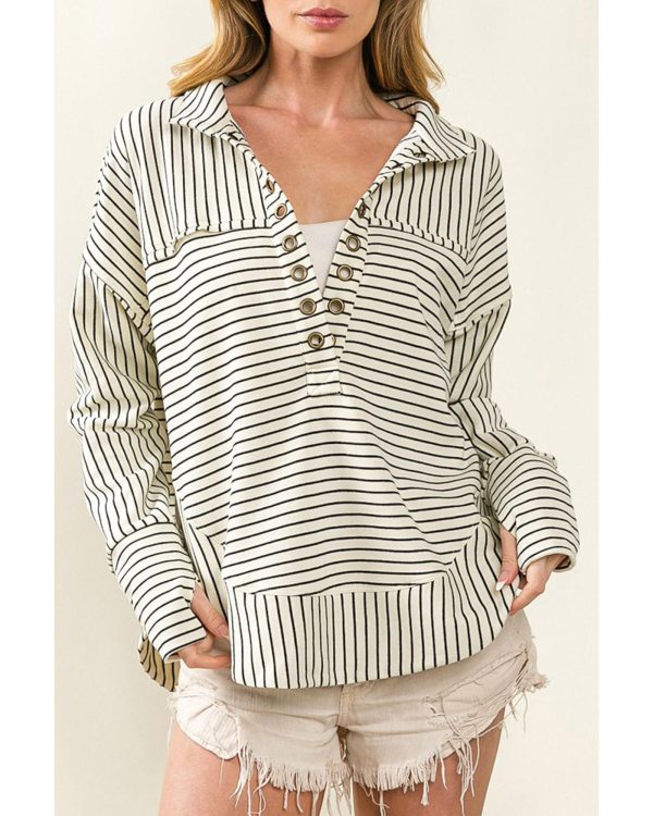 Azura Exchange Striped Thumbhole Drop Shoulder V Neck Top – L