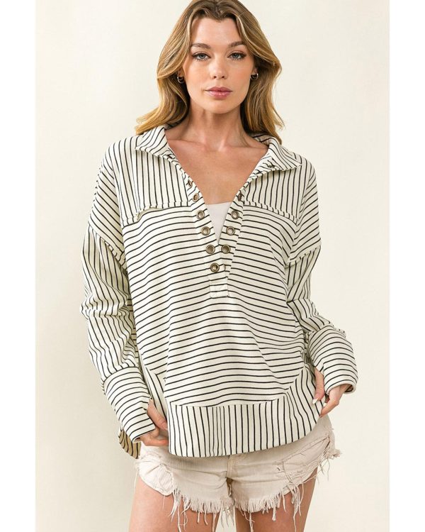 Azura Exchange Striped Thumbhole Drop Shoulder V Neck Top – L