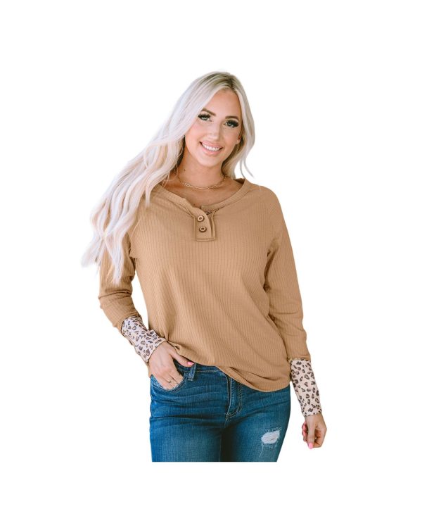 Azura Exchange Leopard Cuffs Ribbed Henley Top – L