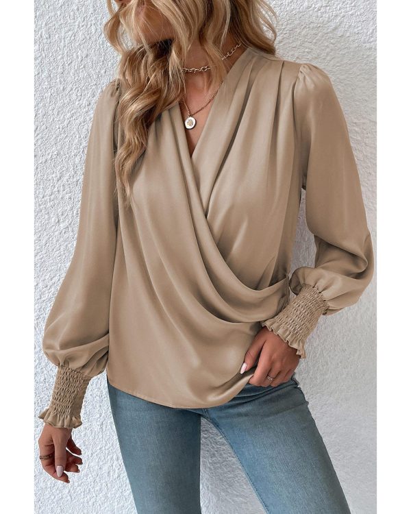 Azura Exchange Draped Surplice Neck Khaki Blouse – L