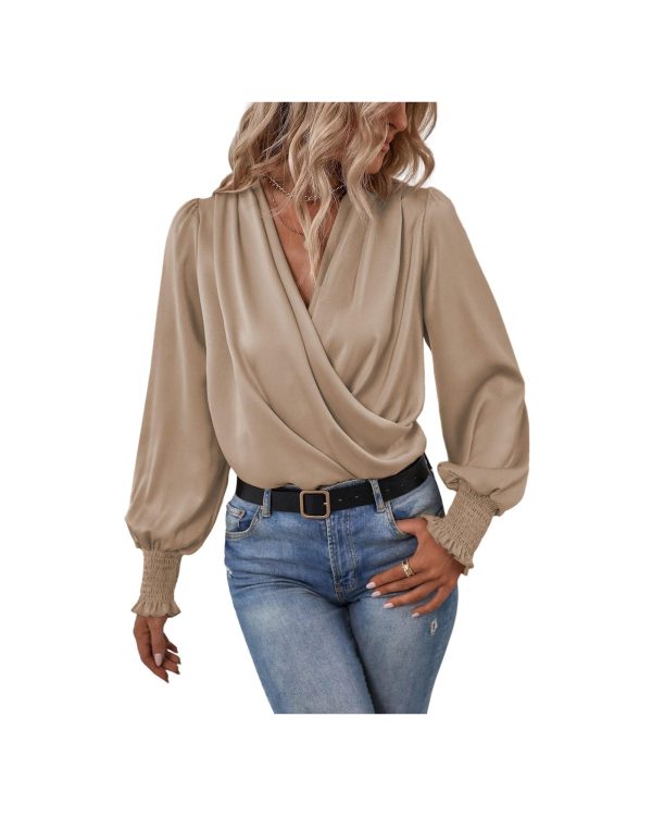 Azura Exchange Draped Surplice Neck Khaki Blouse – L