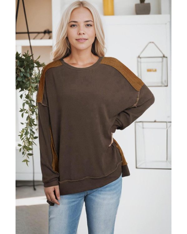 Azura Exchange Ribbed Knit Top with Unique Patchwork Design – L