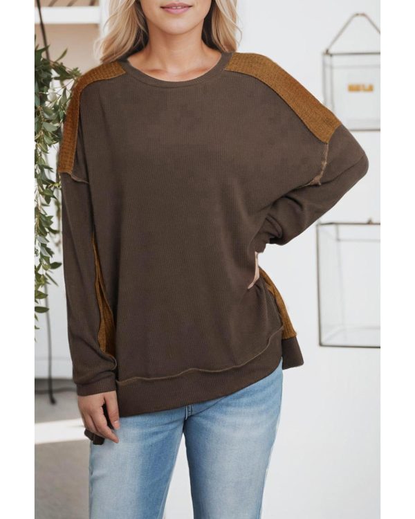 Azura Exchange Ribbed Knit Top with Unique Patchwork Design – L